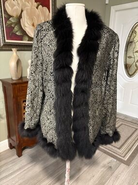 Stizzoli Black and Silver Lace-Patterned Coat with Fur Trim